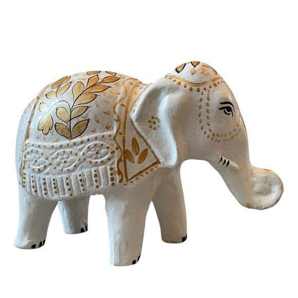 Carved Resin Elephant Figurine Hand Painted White & Gold Floral - Picture 1 of 11